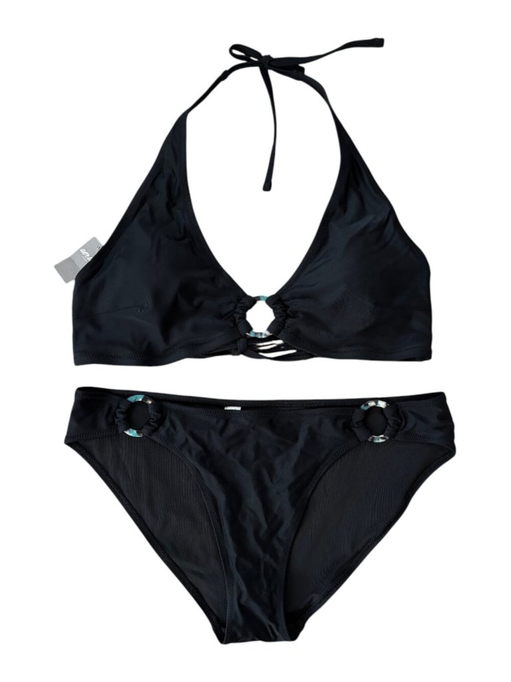 NWT Aerie Black Triangle String Bikini Bathing Suit Set Retro Blue Ring Large